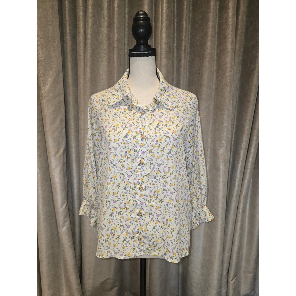 Rokoko Women Floral Button Up Blouse White Purple Yellow 3/4 Sleeve Small